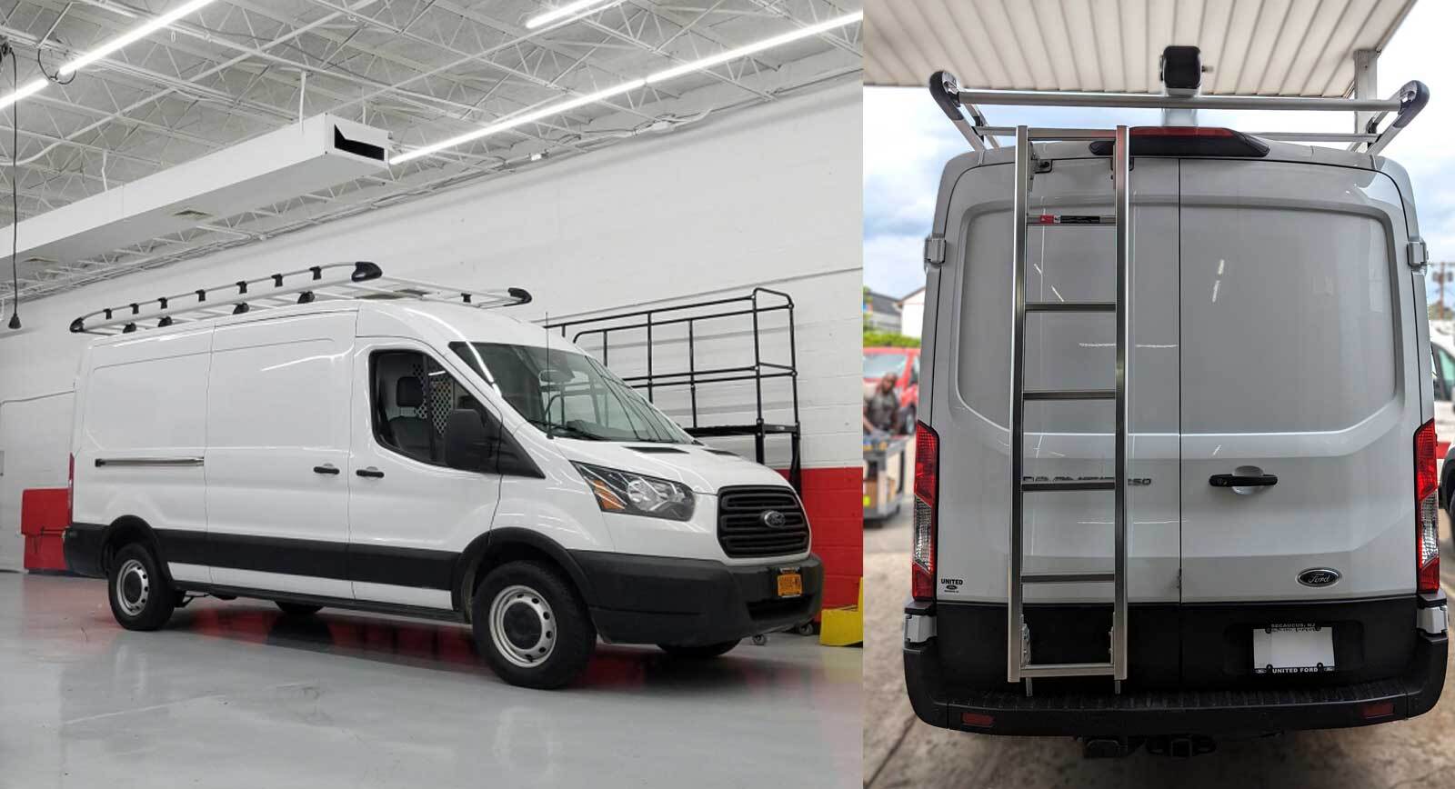 White Ford Transit van with roof-mounted cargo rack and rear access ladder in a workshop and outdoor setting