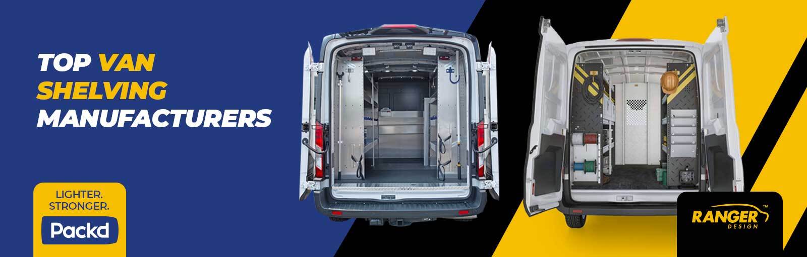 White cargo van on highway with title about top van shelving manufacturers