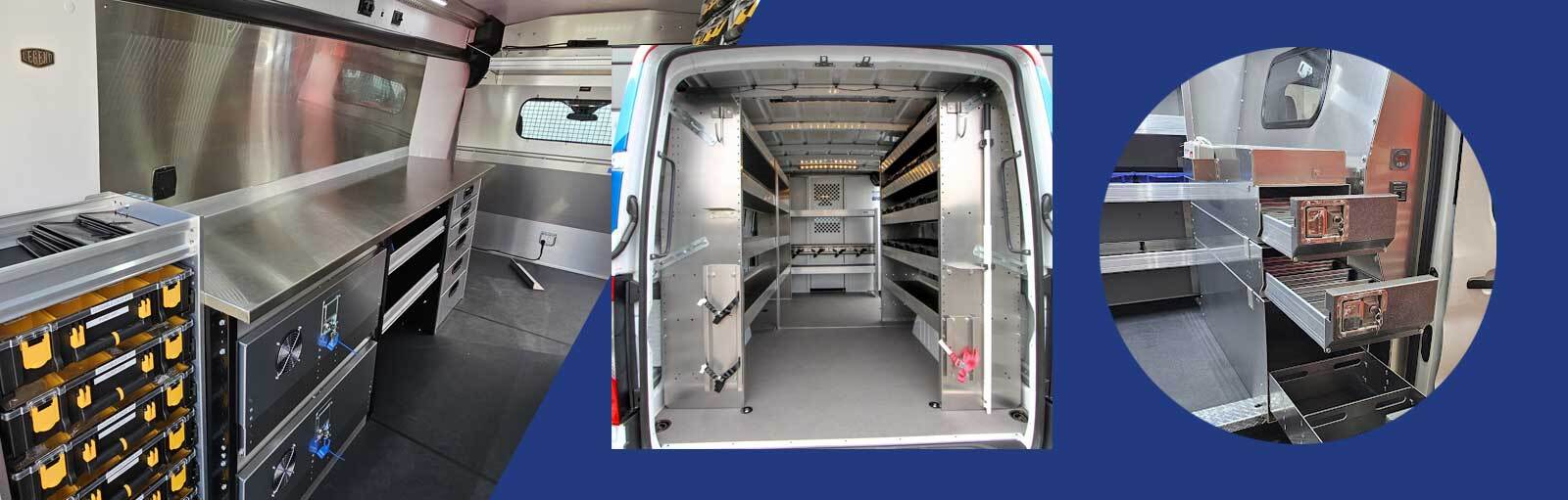 Interior of empty cargo van with overlay about selecting van shelving manufacturers for workspace outfits